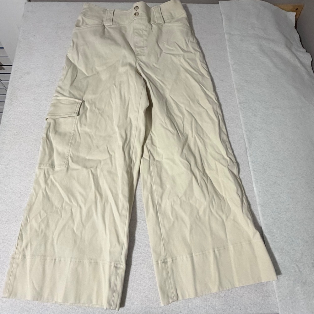 Spanx Stretch Twill Wide Leg Cargo Pants Cream Beige High Rise Size Large